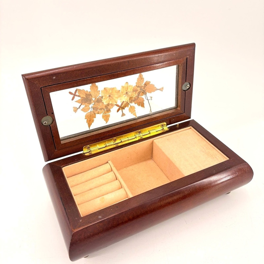 Vintage Wooden Music Box Jewelry‎ Box Pressed Flower Cottagecore Keepsake